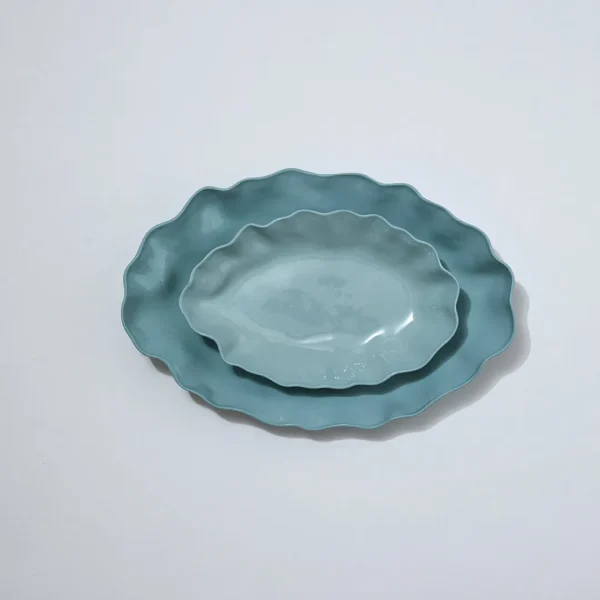 Marmoset Found Serving Platters & Trays | Ceramics | Ruffle Rectangle Platter Light Blue (M)